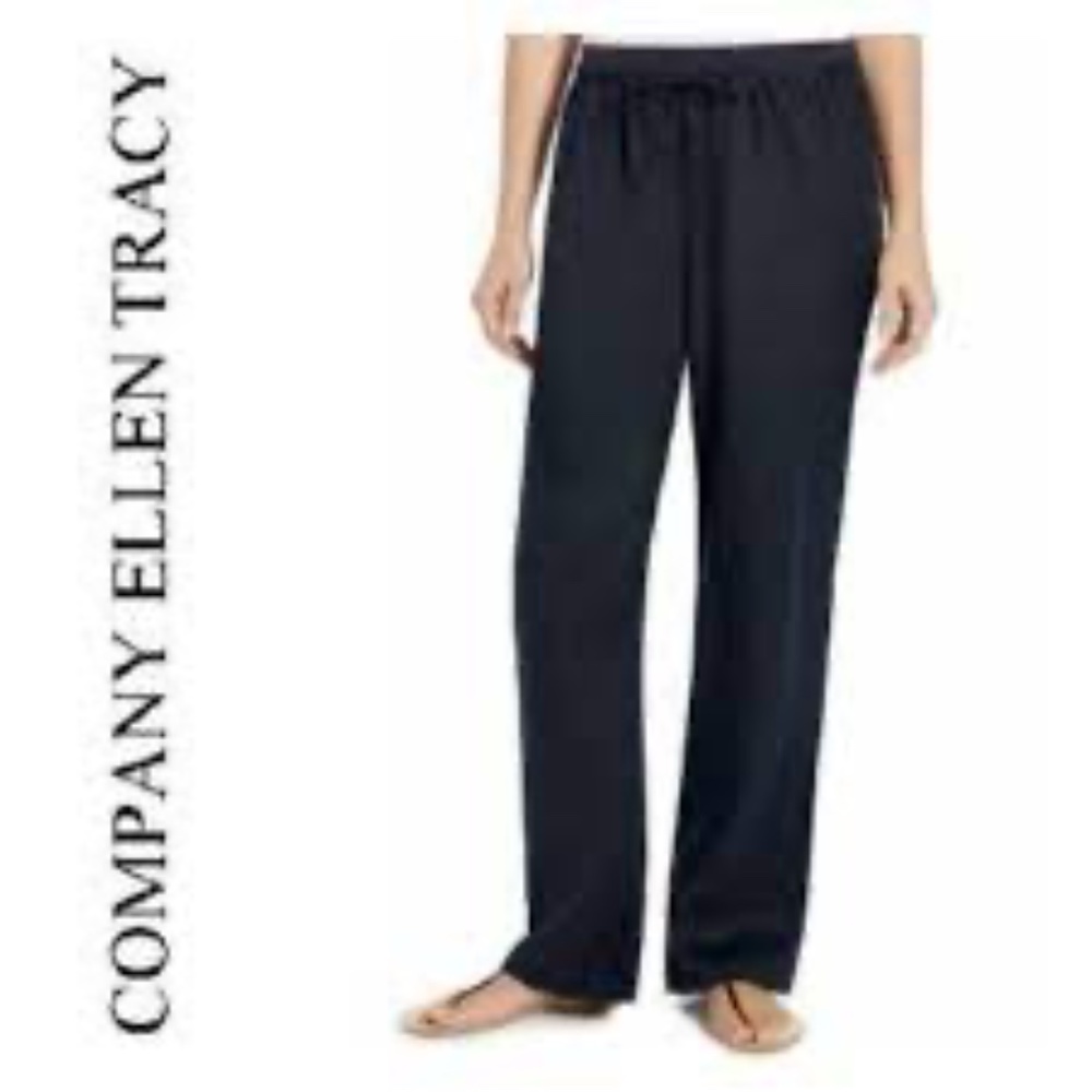 Ellen Tracy Navy Linen Drawstring Waist Pants Small